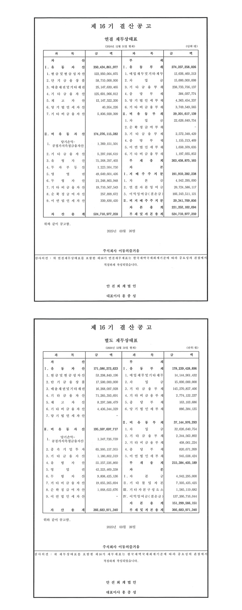 제 16기 결산공고 - 연결 재무상태표 (2024년 12월 31일 현재) 정보 테이블 이미지 - 과목(자산, 부채), 금액<br>
                                                제 16기 결산공고 - 별도 재무상태표 (2024년 12월 31일 현재) 정보 테이블 이미지 - 과목(자산, 부채), 금액<br>
                                                감사의견: 위 재무상태표를 포함한 제 16기 재무재표는 한국채택국제회계기준에 따라 중요성의 관점에서 적정하게 작성되었습니다. - 안진회계법인
